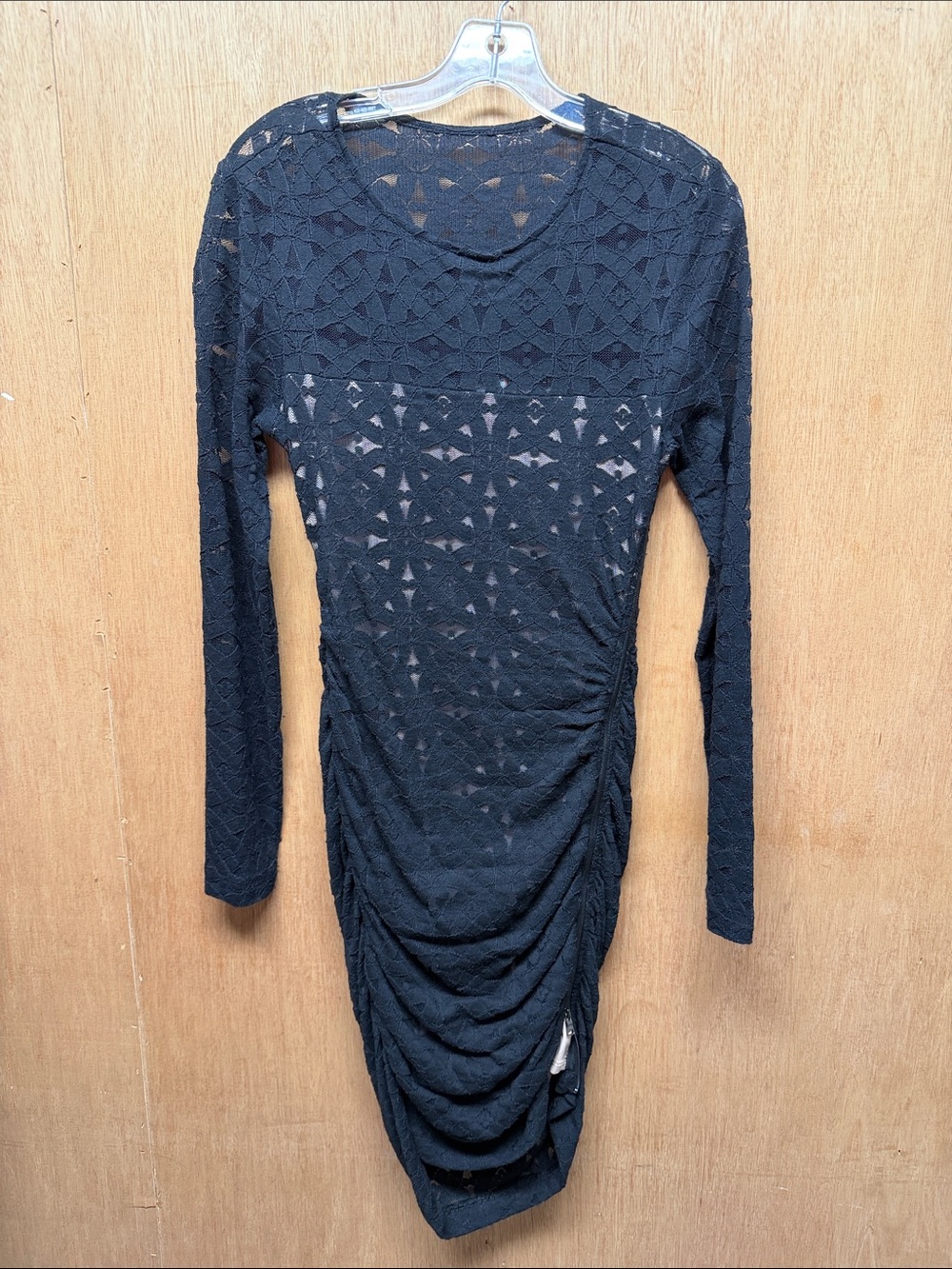BCBGMaxAzria Black Long-Sleeve Lace Ruched Midi Dress
